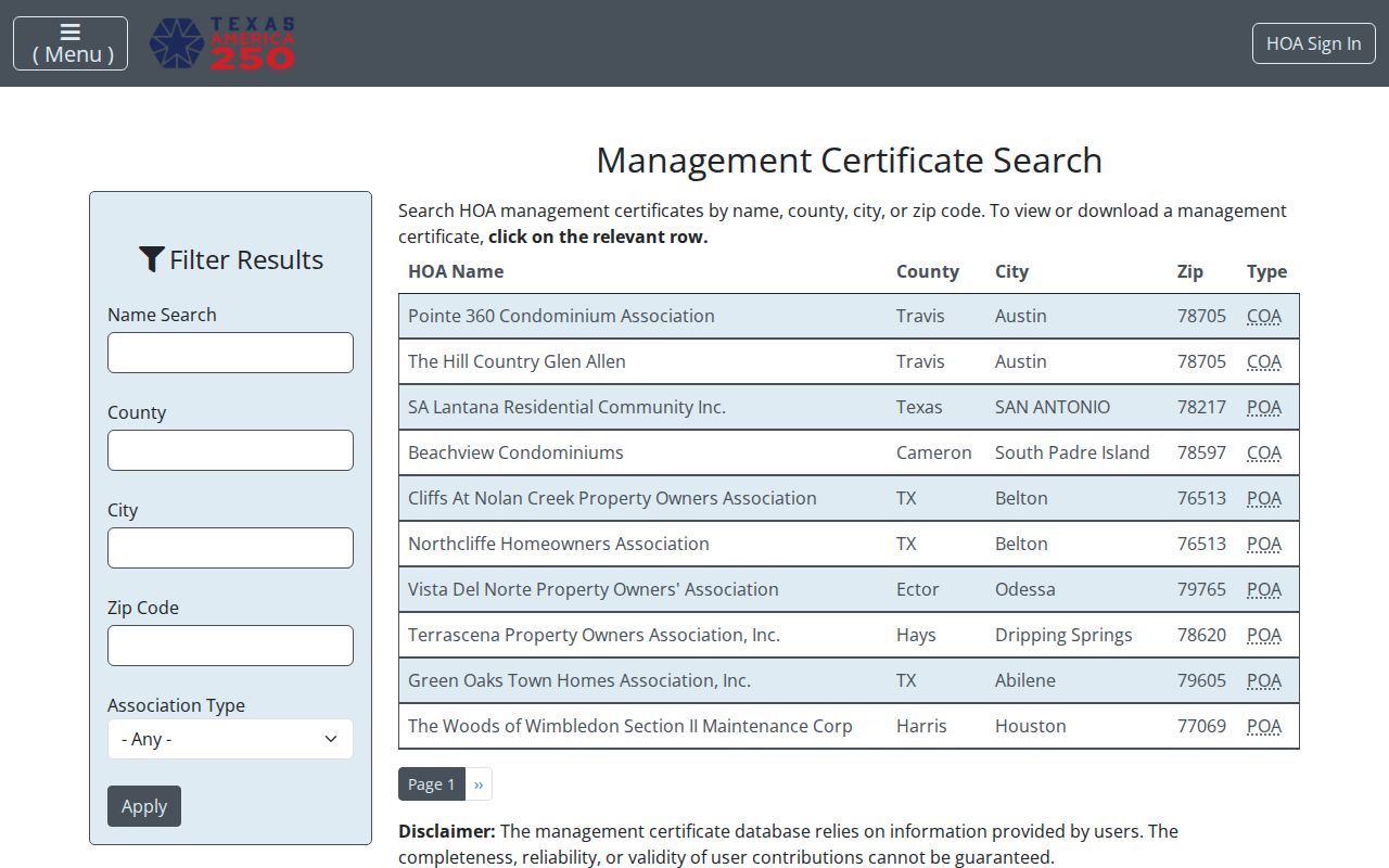 Forney neighbors official Texas HOA management-certificate search results