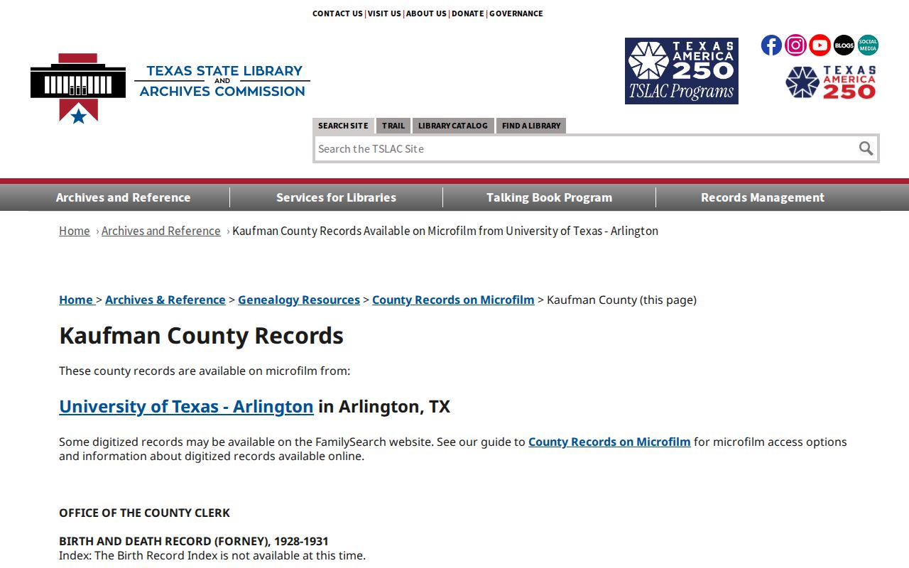 Forney previous residents research in the TSLAC Kaufman County microfilm guide