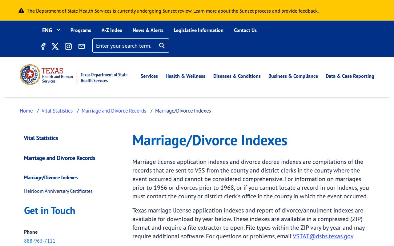 Forney resident lookup Texas DSHS marriage and divorce index page